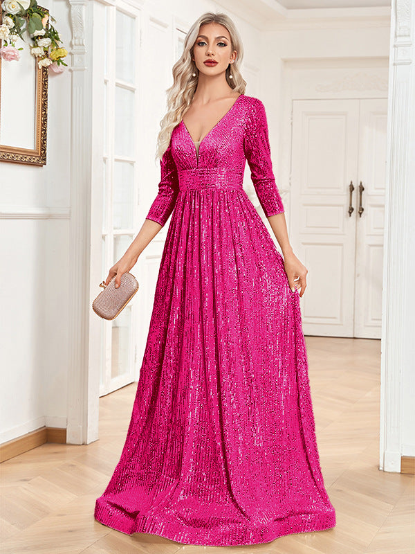 Vestito da sera formale con paillettes, scollo a V, vita alta