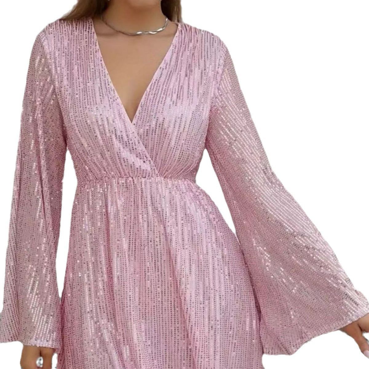 Abito da sera elegante con scollo a V, paillettes in vita e effetto snellente