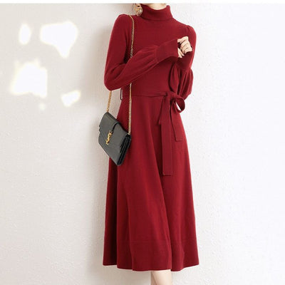 Turtleneck Knitwear Dress Loose Big Hem Mid-length Sweater Skirt