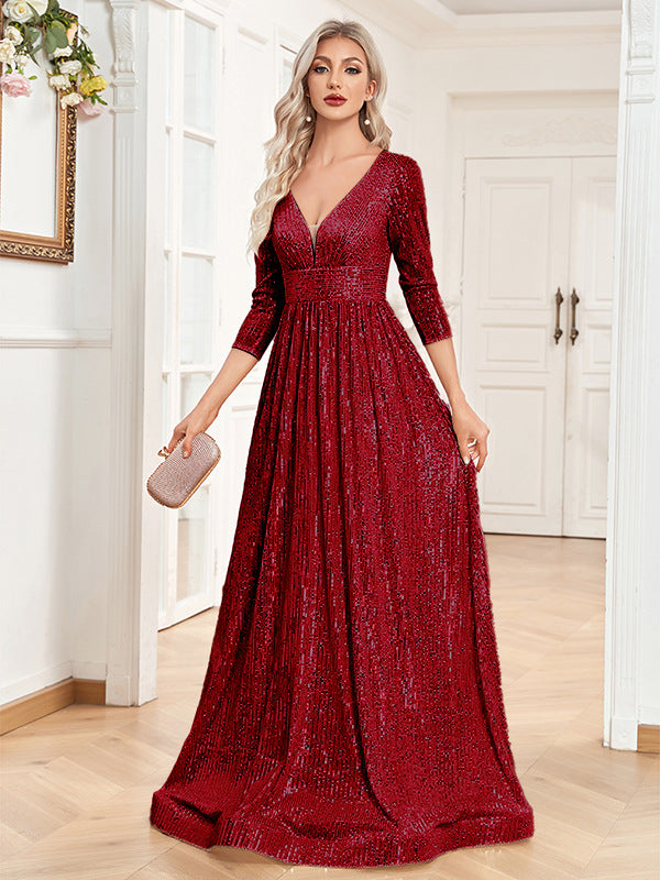 Vestito da sera formale con paillettes, scollo a V, vita alta