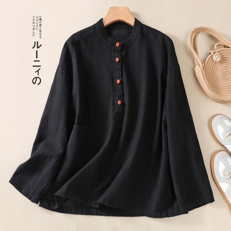 Spring And Autumn Artistic Stand-up Collar Color Matching Buckle Pullover Women's Cotton And Linen Shirt