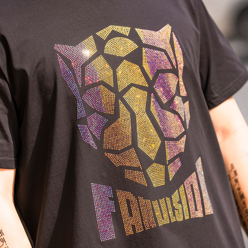 T-shirt a maniche corte da uomo con strass, modello Fashion Personality, taglie forti