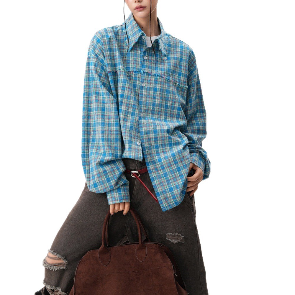 Giacca-camicia a maniche lunghe in fantasia scozzese trendy stile americano