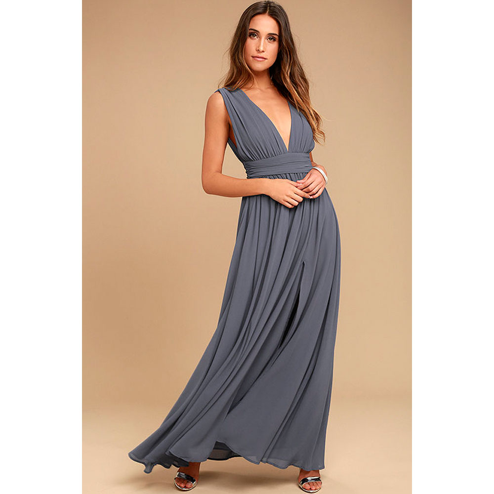 Vestito lungo smanicato con scollo a V profondo da donna