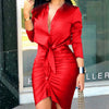 Women Lace-up Solid Color Long Sleeve Midi Dress Shirt Dress Elegant Fashion Party Dress