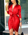 Vestito camicia da donna elegante, abito da festa alla moda a maniche lunghe tinta unita con lacci