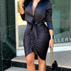 Women Lace-up Solid Color Long Sleeve Midi Dress Shirt Dress Elegant Fashion Party Dress