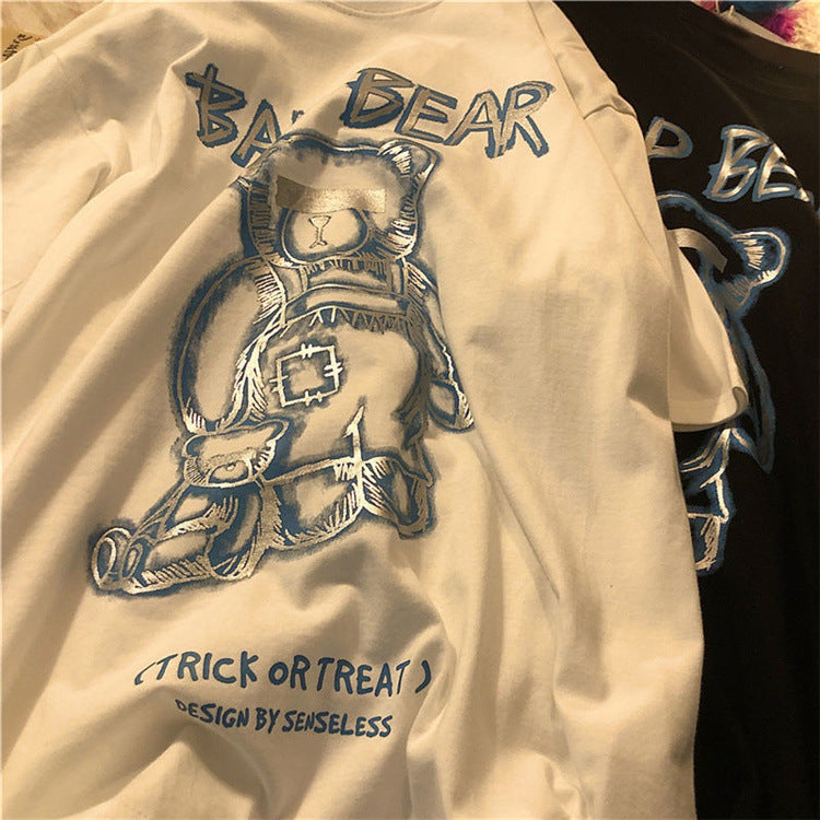 Estate Nuovo Marchio di Tendenza Ins Graffiti Creativi Stampa Orso T-Shirt a Maniche Corte da Uomo Larga a Mezza Manica con Scollo Rotondo