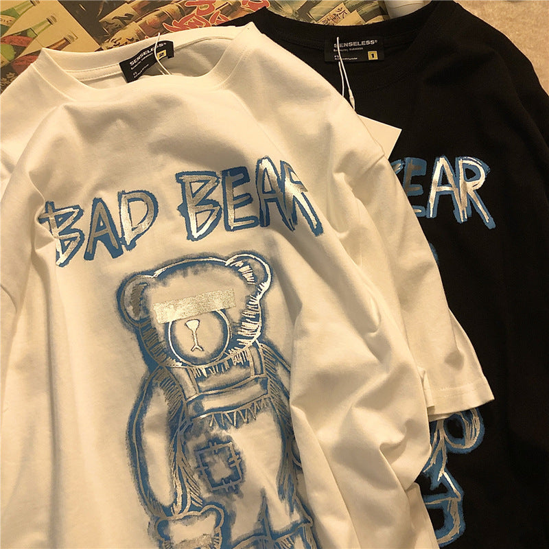 Estate Nuovo Marchio di Tendenza Ins Graffiti Creativi Stampa Orso T-Shirt a Maniche Corte da Uomo Larga a Mezza Manica con Scollo Rotondo