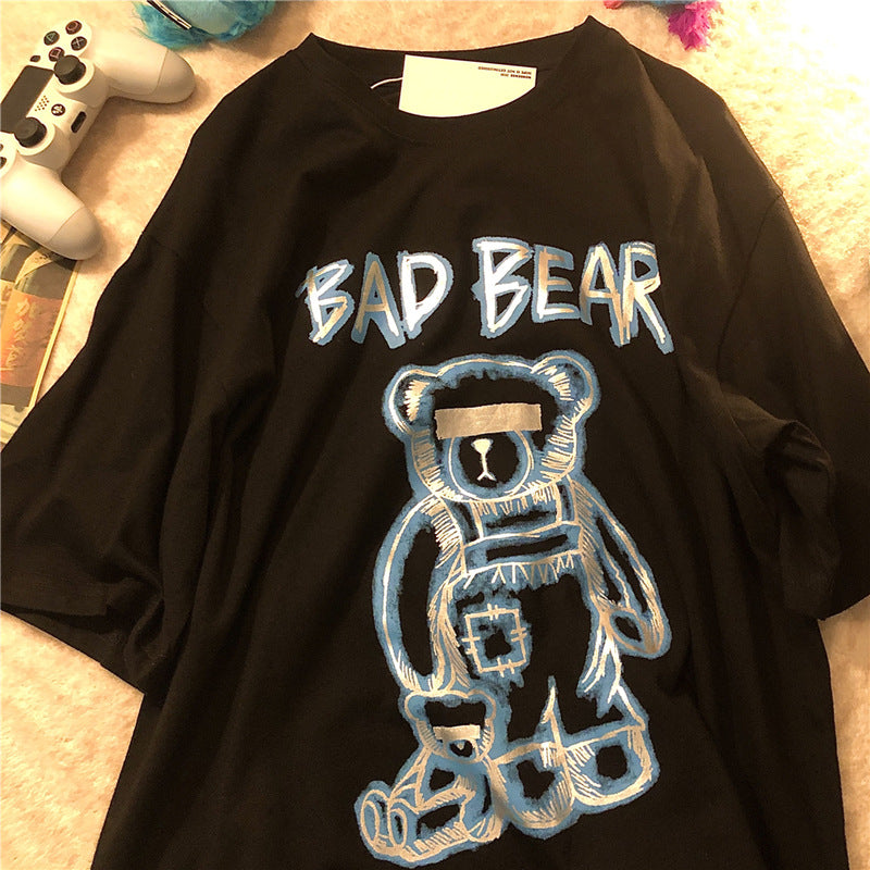 Estate Nuovo Marchio di Tendenza Ins Graffiti Creativi Stampa Orso T-Shirt a Maniche Corte da Uomo Larga a Mezza Manica con Scollo Rotondo