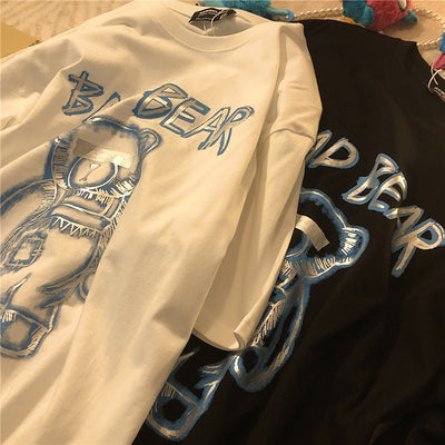 Estate Nuovo Marchio di Tendenza Ins Graffiti Creativi Stampa Orso T-Shirt a Maniche Corte da Uomo Larga a Mezza Manica con Scollo Rotondo