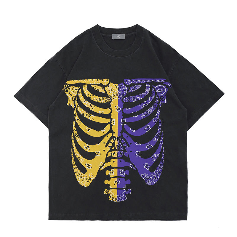 T-shirt a maniche corte da uomo con motivo floreale e scheletro in anacardi
