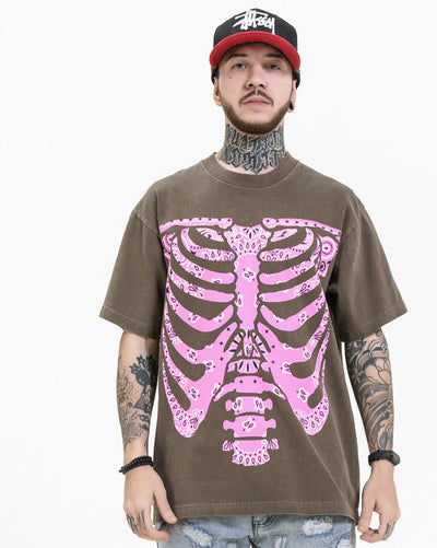T-shirt a maniche corte da uomo con motivo floreale e scheletro in anacardi