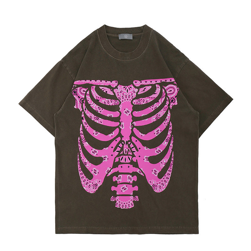 T-shirt a maniche corte da uomo con motivo floreale e scheletro in anacardi