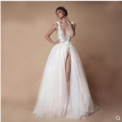 Abito da sposa Angel, Colletto in pizzo con diamanti, Strass sposa con spacco alto, Abito da sposa leggero con schiena scoperta