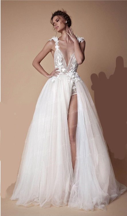 Abito da sposa Angel, Colletto in pizzo con diamanti, Strass sposa con spacco alto, Abito da sposa leggero con schiena scoperta