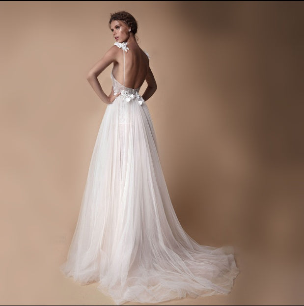 Abito da sposa Angel, Colletto in pizzo con diamanti, Strass sposa con spacco alto, Abito da sposa leggero con schiena scoperta