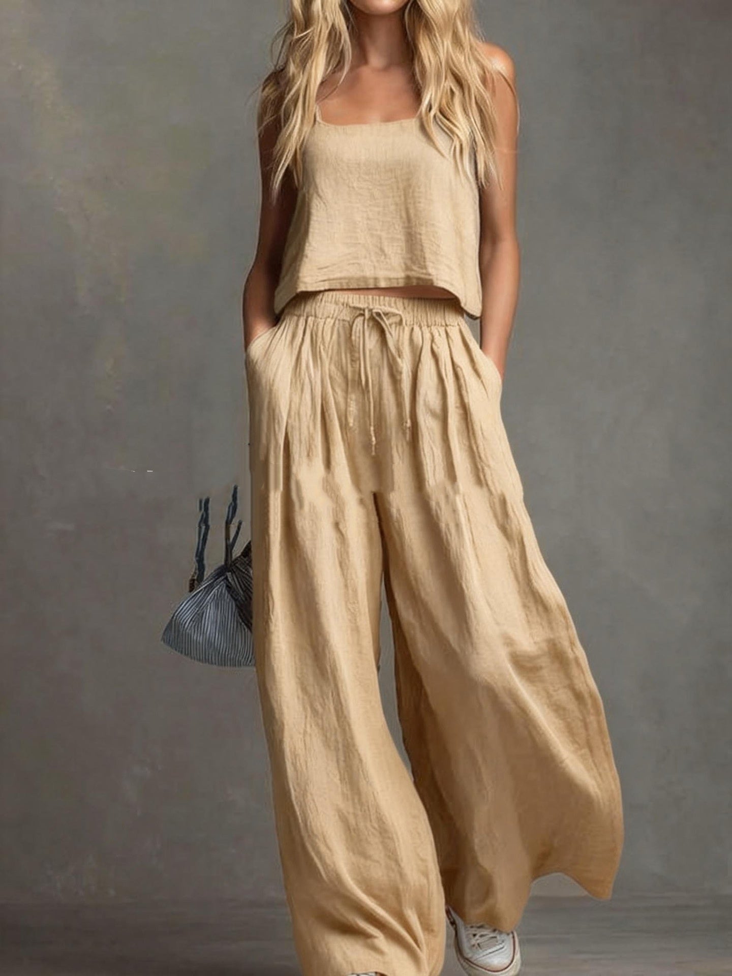 Womens Two-piece Set Loose-fitting Vest And Wide-leg Pants