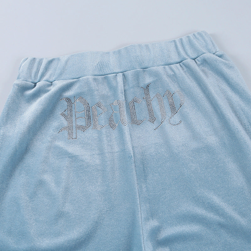 Leisure Sports Rhinestone Gold Velvet Slim Sweatpants Set