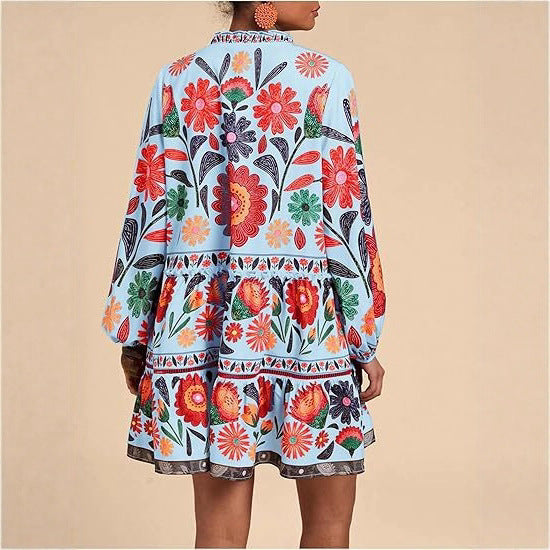 Floral Print Short Bohemian Beach Long Sleeve Button-down Flowy Blouse Dress
