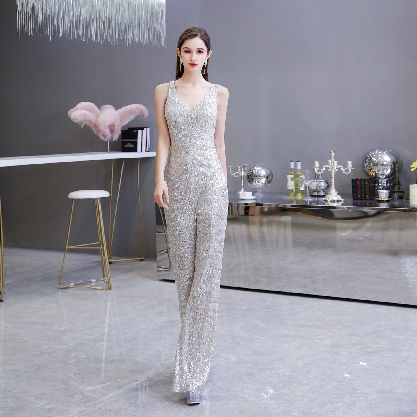 Abito alla moda con temperamento, tuta slim in vita, pantaloni a gamba larga, abito da sera per festa o riunione annuale da donna
