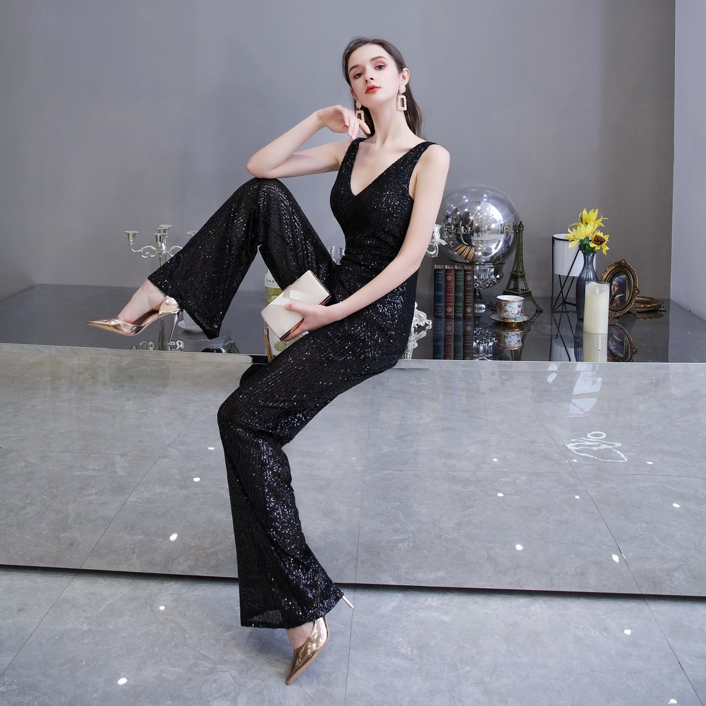 Abito alla moda con temperamento, tuta slim in vita, pantaloni a gamba larga, abito da sera per festa o riunione annuale da donna