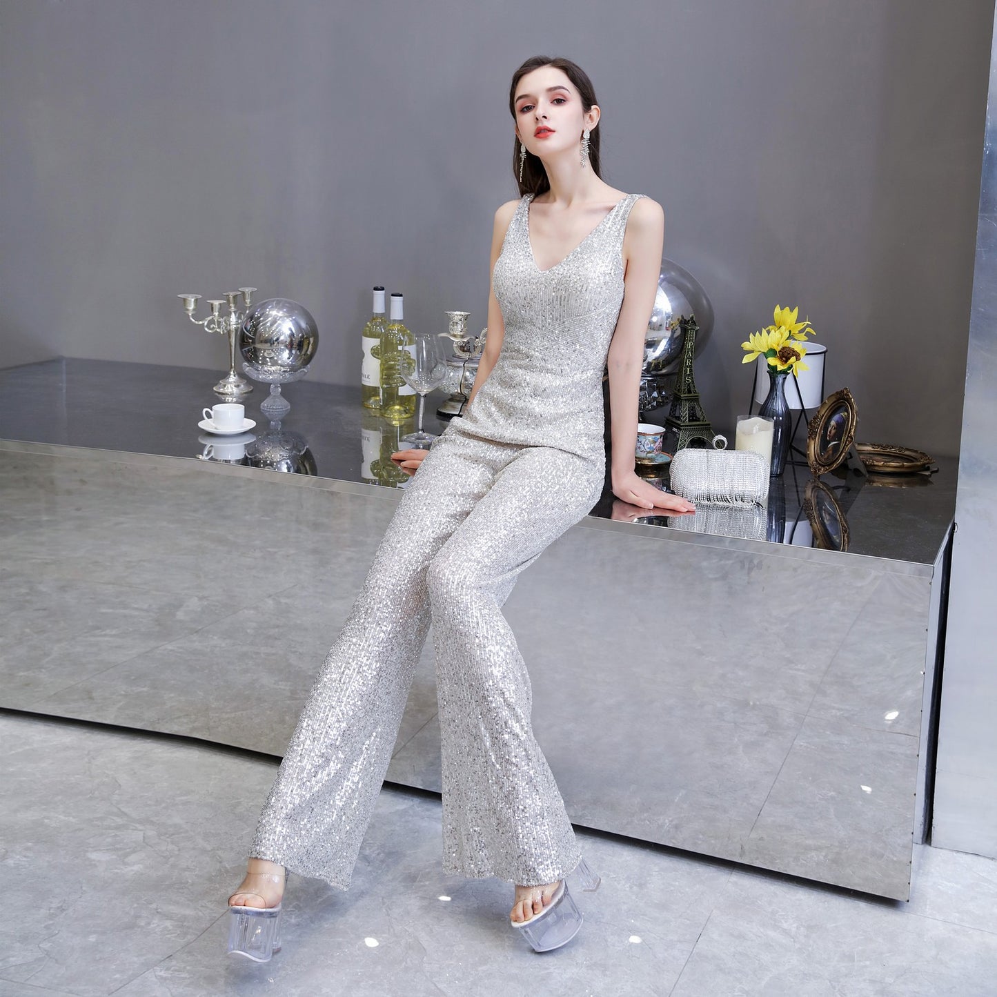 Abito alla moda con temperamento, tuta slim in vita, pantaloni a gamba larga, abito da sera per festa o riunione annuale da donna