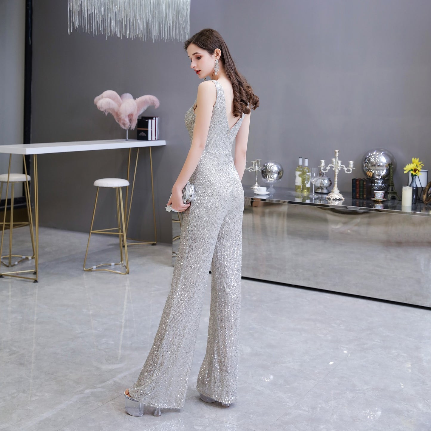 Abito alla moda con temperamento, tuta slim in vita, pantaloni a gamba larga, abito da sera per festa o riunione annuale da donna