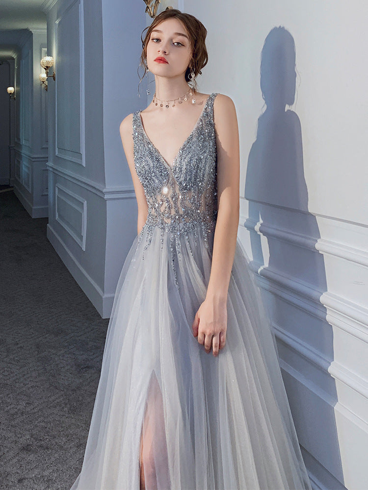 Vestito sottile scollato a V sexy senza schienale con paillettes