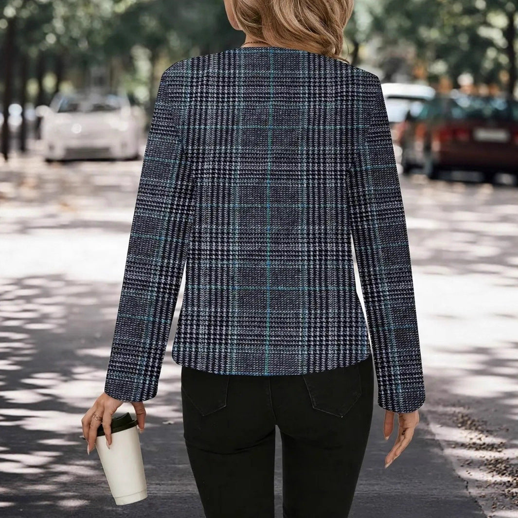 Elegant Plaid Woolen Pocket Women's Jacket