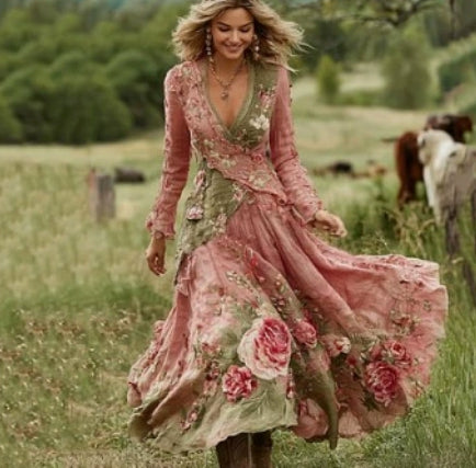 Vintage Elegant Long Dress With Floral And Botanical Print