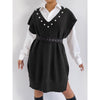 Preppy Style Casual Vest Dress V-neck Beaded Loose