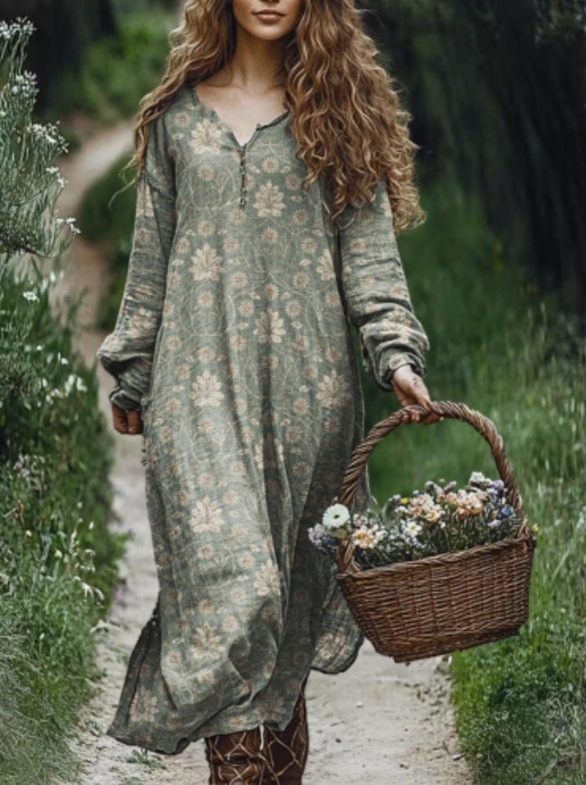Vintage Printed V-neck Multi-color Long Sleeve Dress