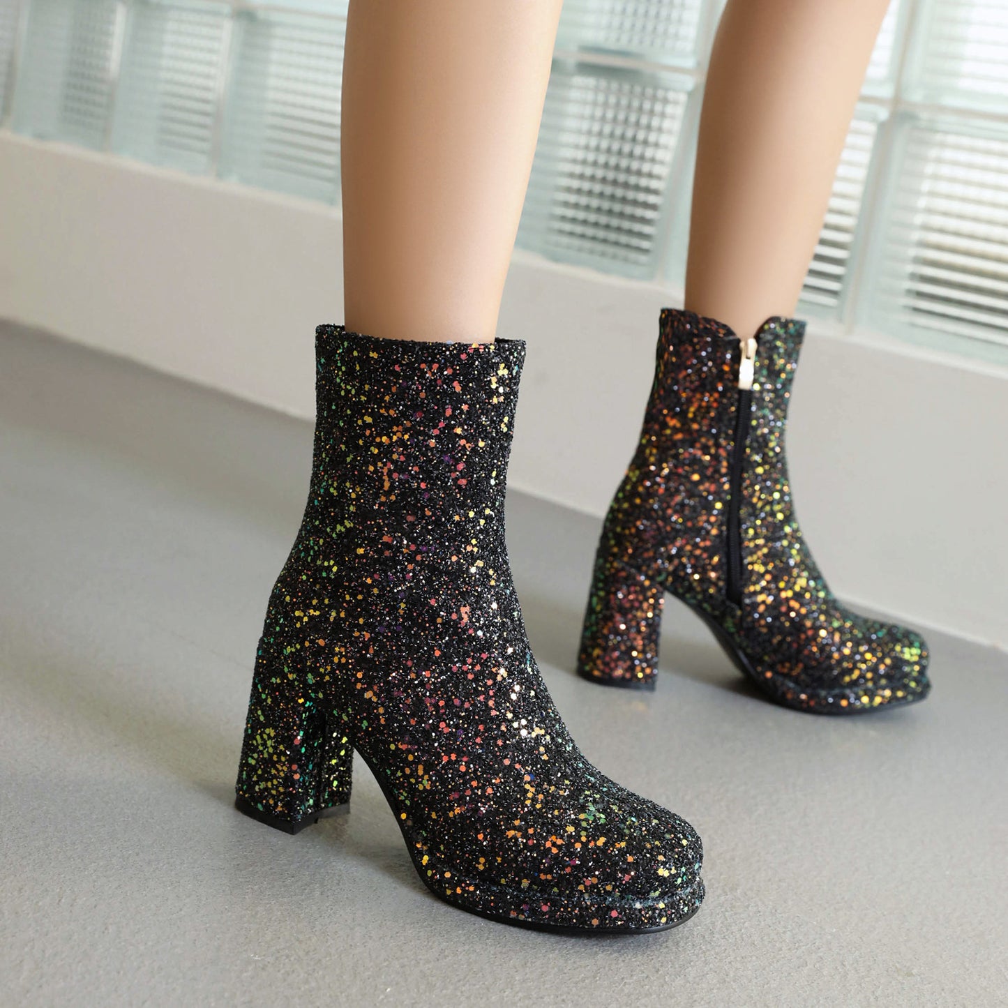 Sequined Thick High Heel Side Zipper Chunky Heel Ankle Boots