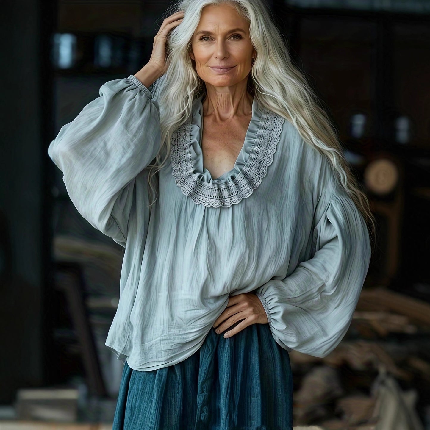 Camicia casual ampia, a maniche a lanterna, stile foresta, adatta a tutto