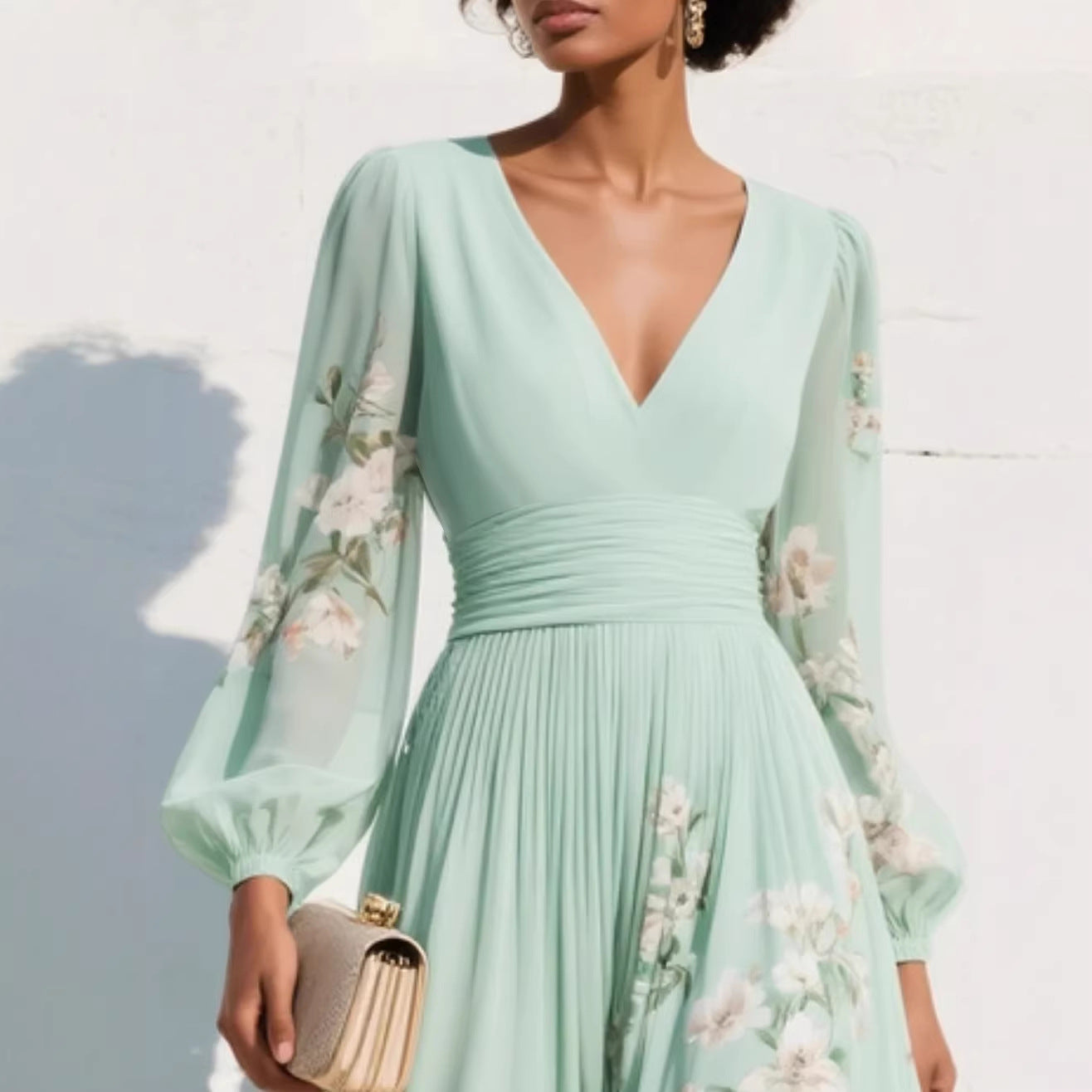 Womens Spring Chiffon Long-Sleeve Pleated Dress
