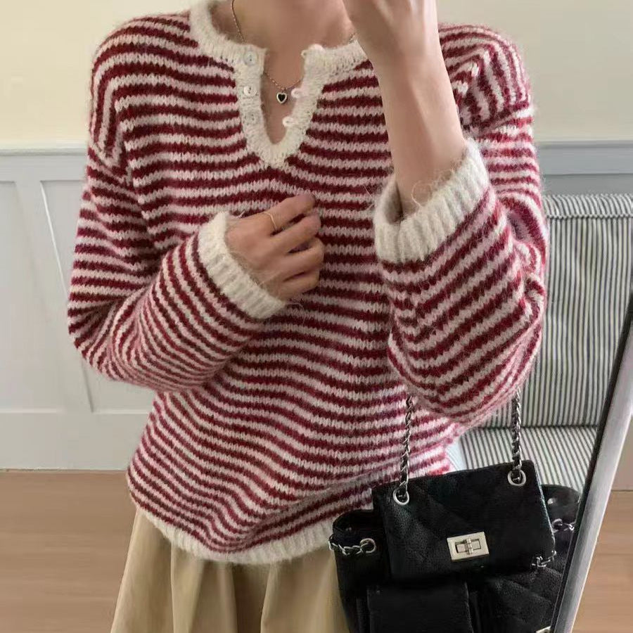 Retro Loose Soft Glutinous Striped Sweater For Women