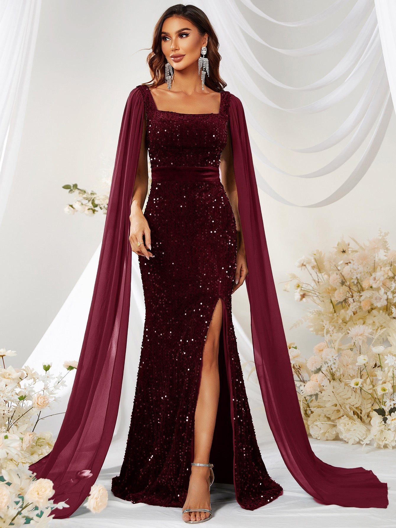 Vestito Gonna Paillettes Rete Spacco Abito a Sirena