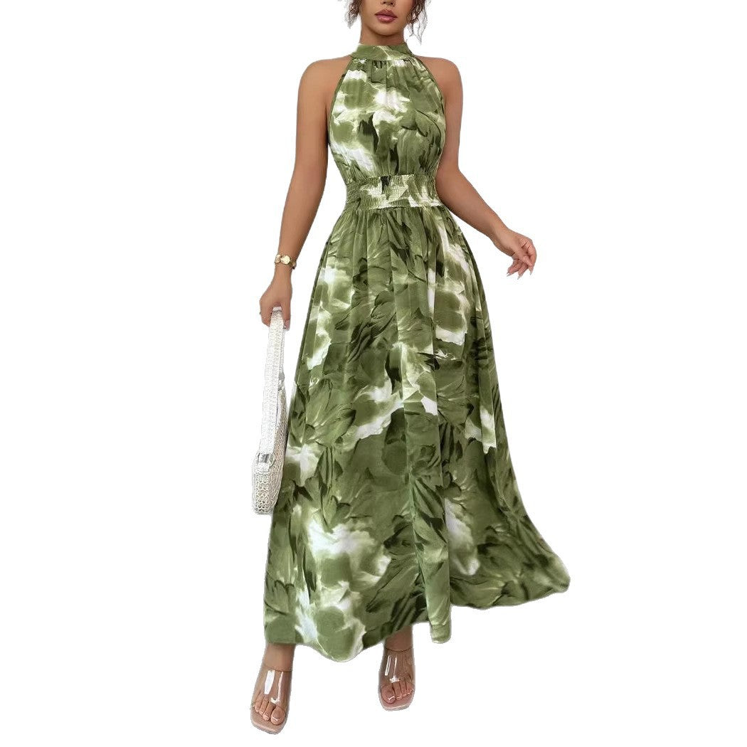 Neck Hanging Cinched Waist Sleeveless Dress With Ruffled Hem