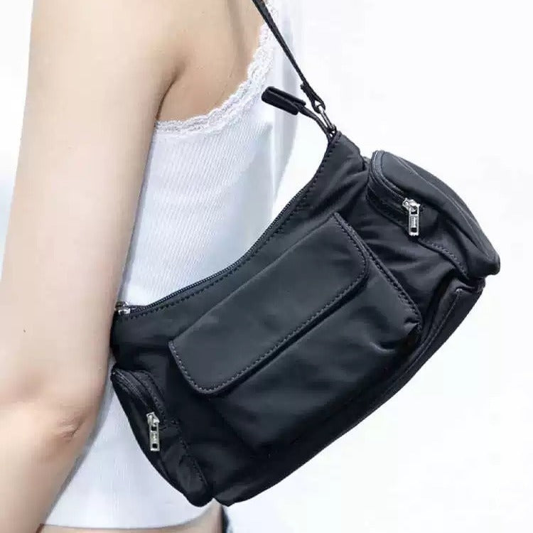 Nylon Simple Black Lightweight Double Pocket Bag