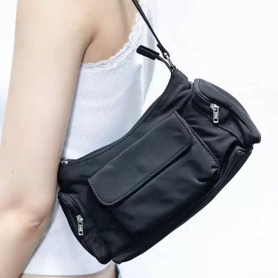 Nylon Simple Black Lightweight Double Pocket Bag