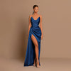 Womens Deep-V Waist-Cinching Satin Split Dress