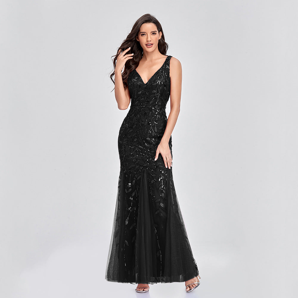 Vestito lungo sexy senza maniche con scollo a V ricamato con paillettes slim a sirena
