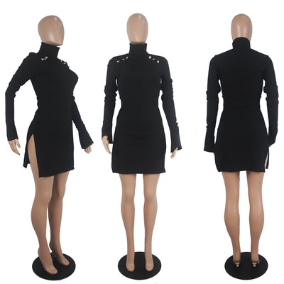 Abito casual alla moda in tessuto a coste tinta unita con collo alto e maniche a svasatura