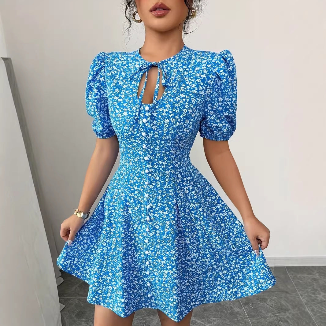 Womens Fashionable Printed Slim-Fit Pleated Dress