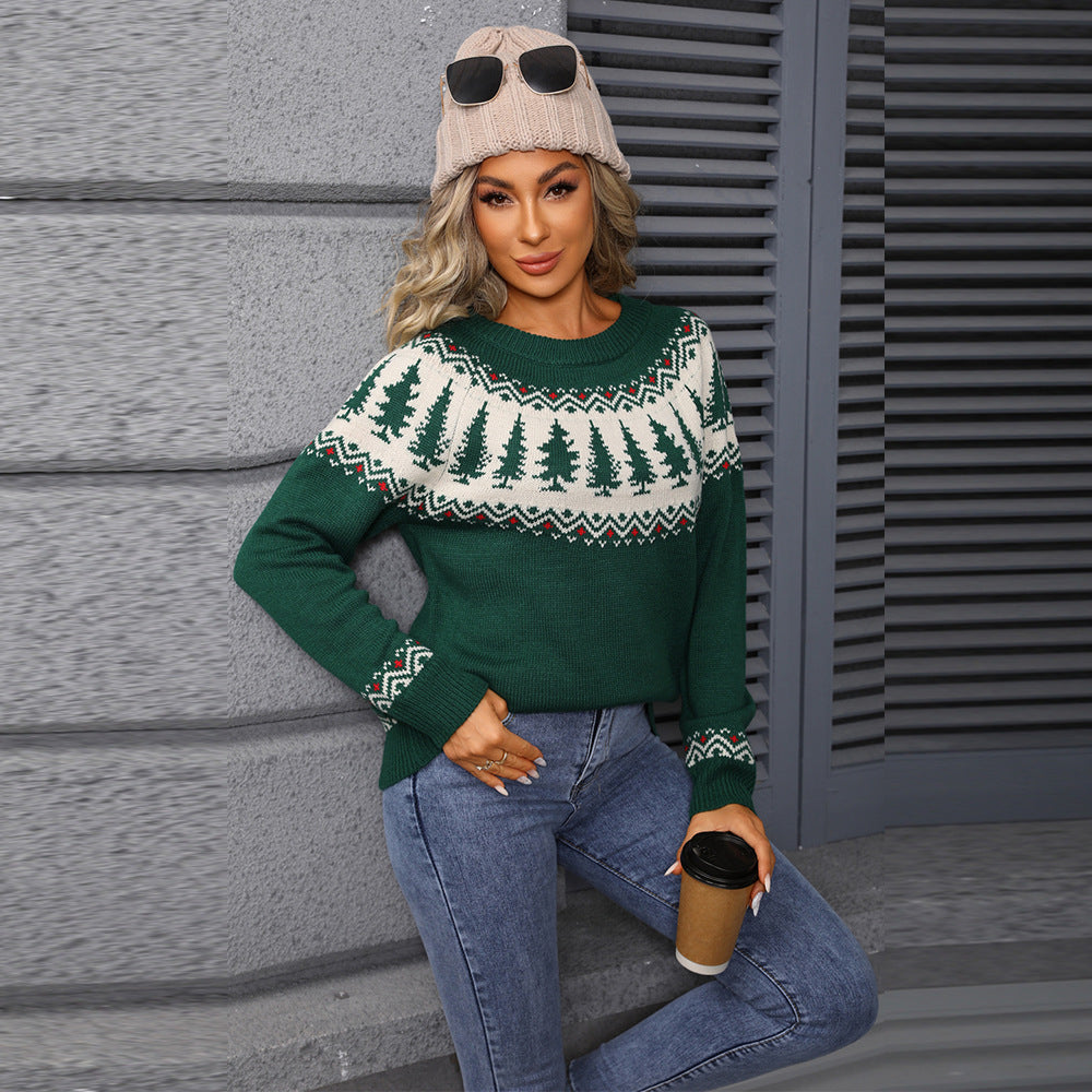 Maglione da donna con scollo rotondo e motivo albero di Natale in jacquard verde