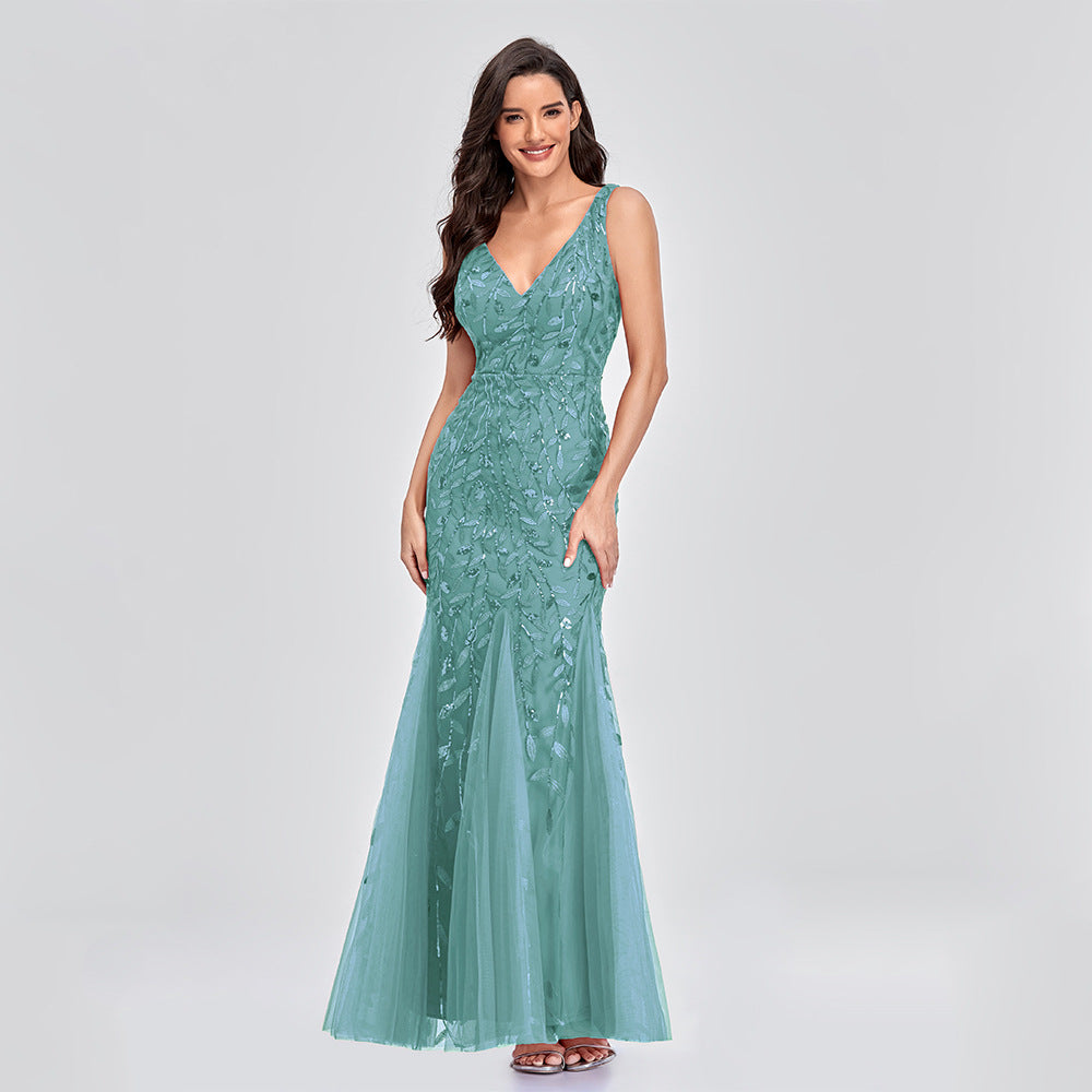 Vestito lungo sexy senza maniche con scollo a V ricamato con paillettes slim a sirena
