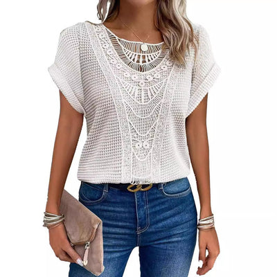 Independent Site Hollowed Lace Patchwork Plus-size Short-sleeve T-shirt Cross-border