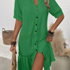 Womens Solid-Color Single-Breasted New Puff-Sleeve Dress