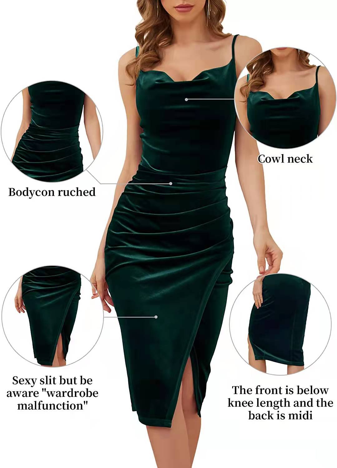 Abito da donna elegante con spacco, plissettato, in velluto, con spalline sottili